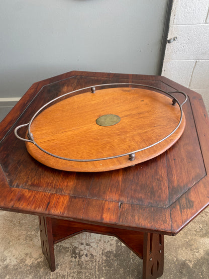 Antique Oak Serving Tray with Silver-plated Rail