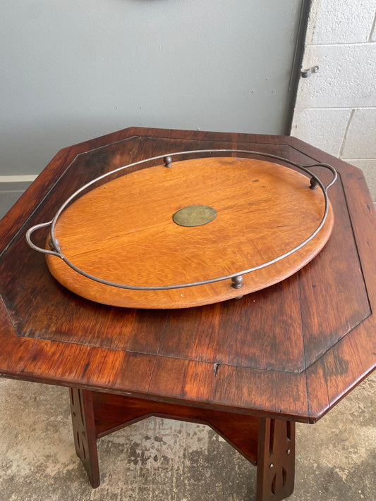 Antique Oak Serving Tray with Silver-plated Rail