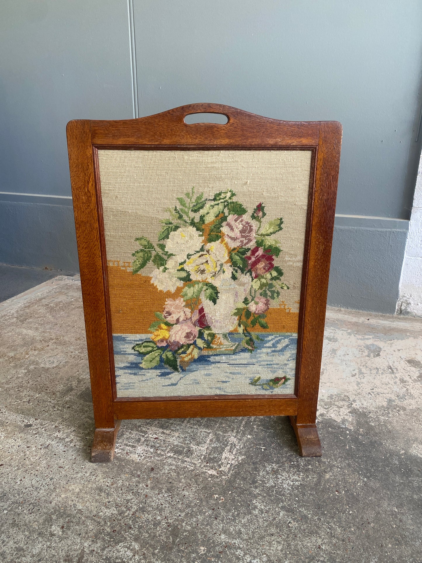 Antique Solid Oak & Needlepoint Fire Guard