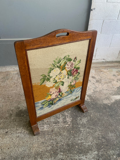 Antique Solid Oak & Needlepoint Fire Guard