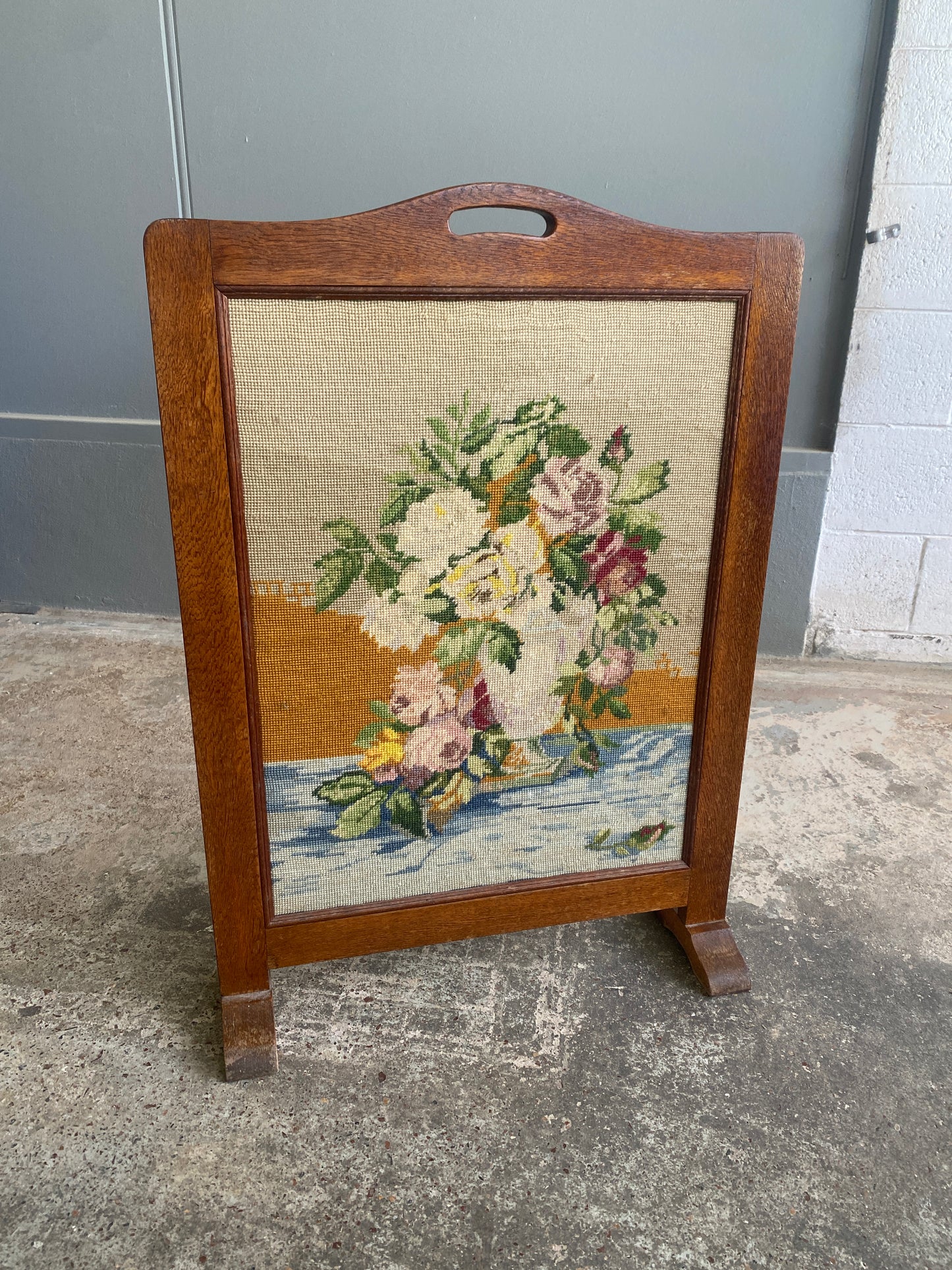 Antique Solid Oak & Needlepoint Fire Guard