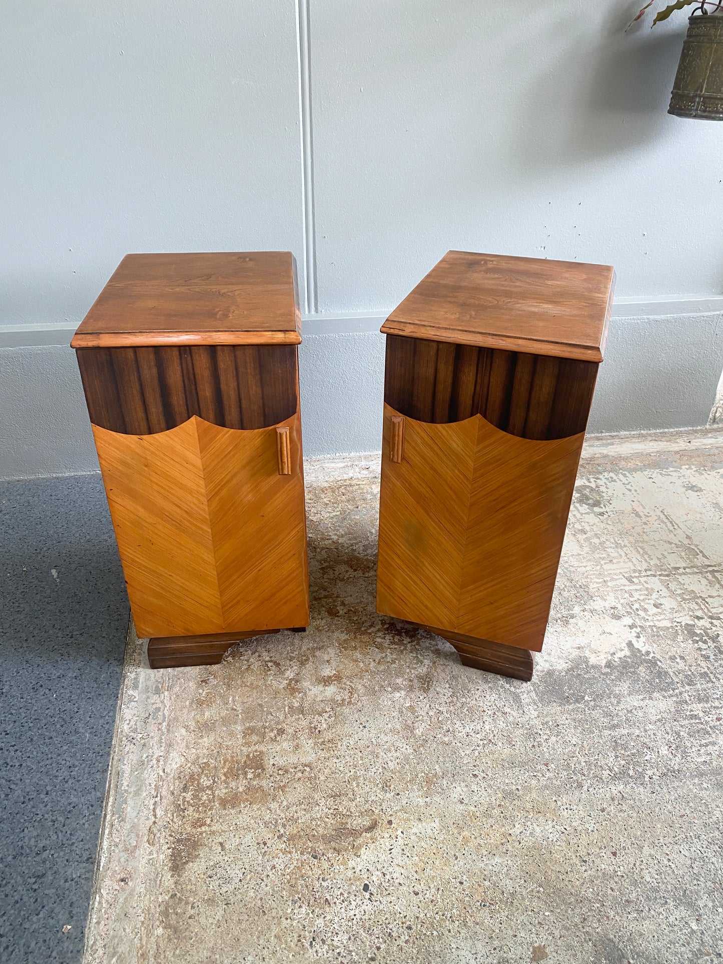 Art Deco Bedside Cabinets with Chevron Inlay