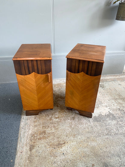 Art Deco Bedside Cabinets with Chevron Inlay