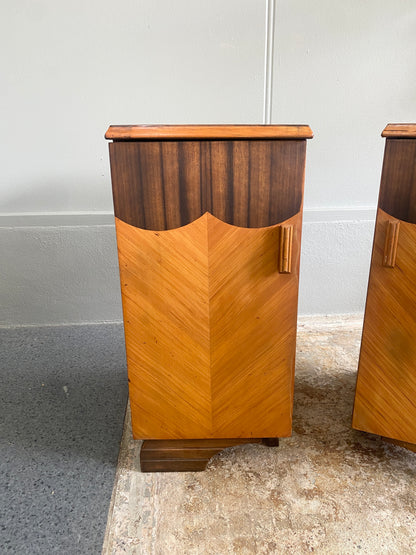 Art Deco Bedside Cabinets with Chevron Inlay