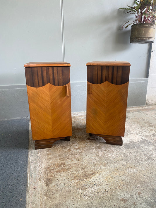 Art Deco Bedside Cabinets with Chevron Inlay