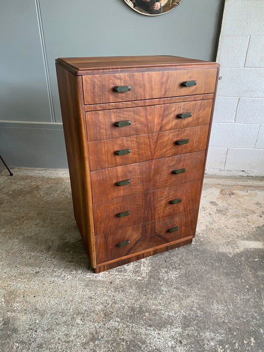 Art Deco Mahogany Tall Boy with Emerald Bakelite Handles