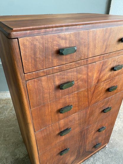 Art Deco Mahogany Tall Boy with Emerald Bakelite Handles