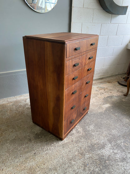 Art Deco Mahogany Tall Boy with Emerald Bakelite Handles