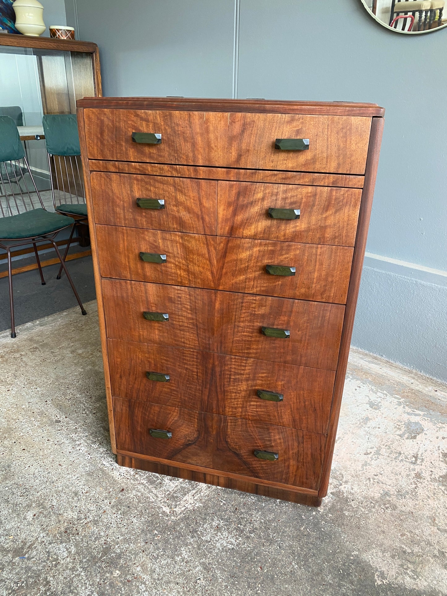 Art Deco Mahogany Tall Boy with Emerald Bakelite Handles