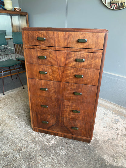 Art Deco Mahogany Tall Boy with Emerald Bakelite Handles