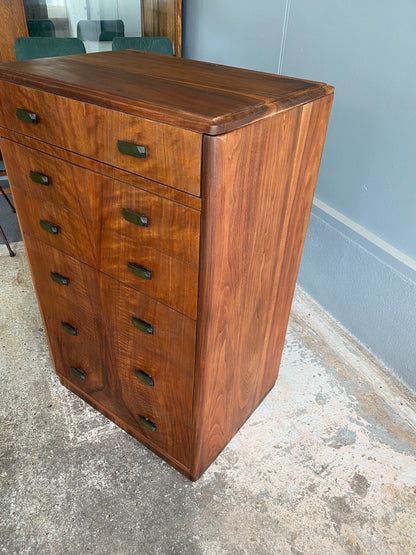 Art Deco Mahogany Tall Boy with Emerald Bakelite Handles