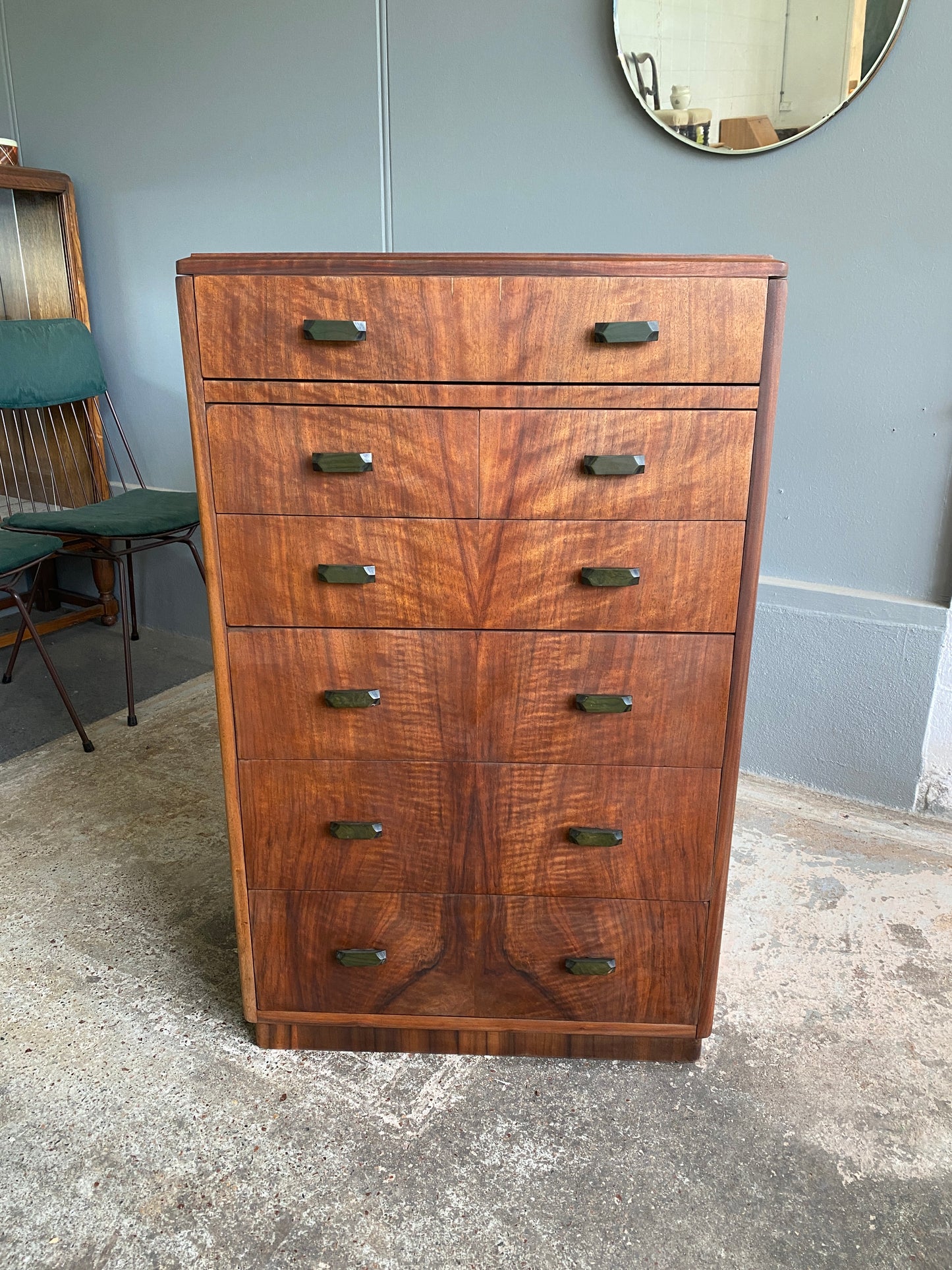 Art Deco Mahogany Tall Boy with Emerald Bakelite Handles