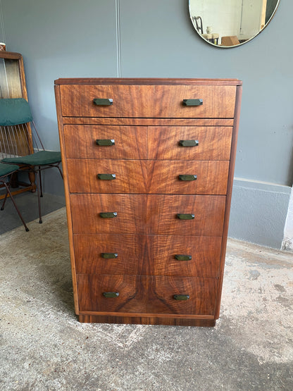 Art Deco Mahogany Tall Boy with Emerald Bakelite Handles