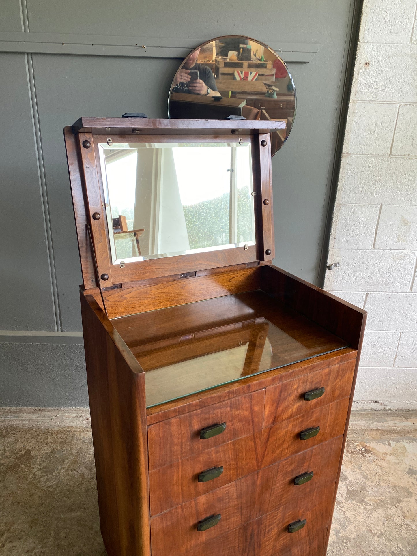 Art Deco Mahogany Tall Boy with Emerald Bakelite Handles