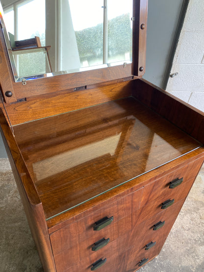 Art Deco Mahogany Tall Boy with Emerald Bakelite Handles