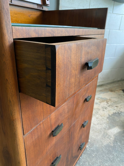 Art Deco Mahogany Tall Boy with Emerald Bakelite Handles