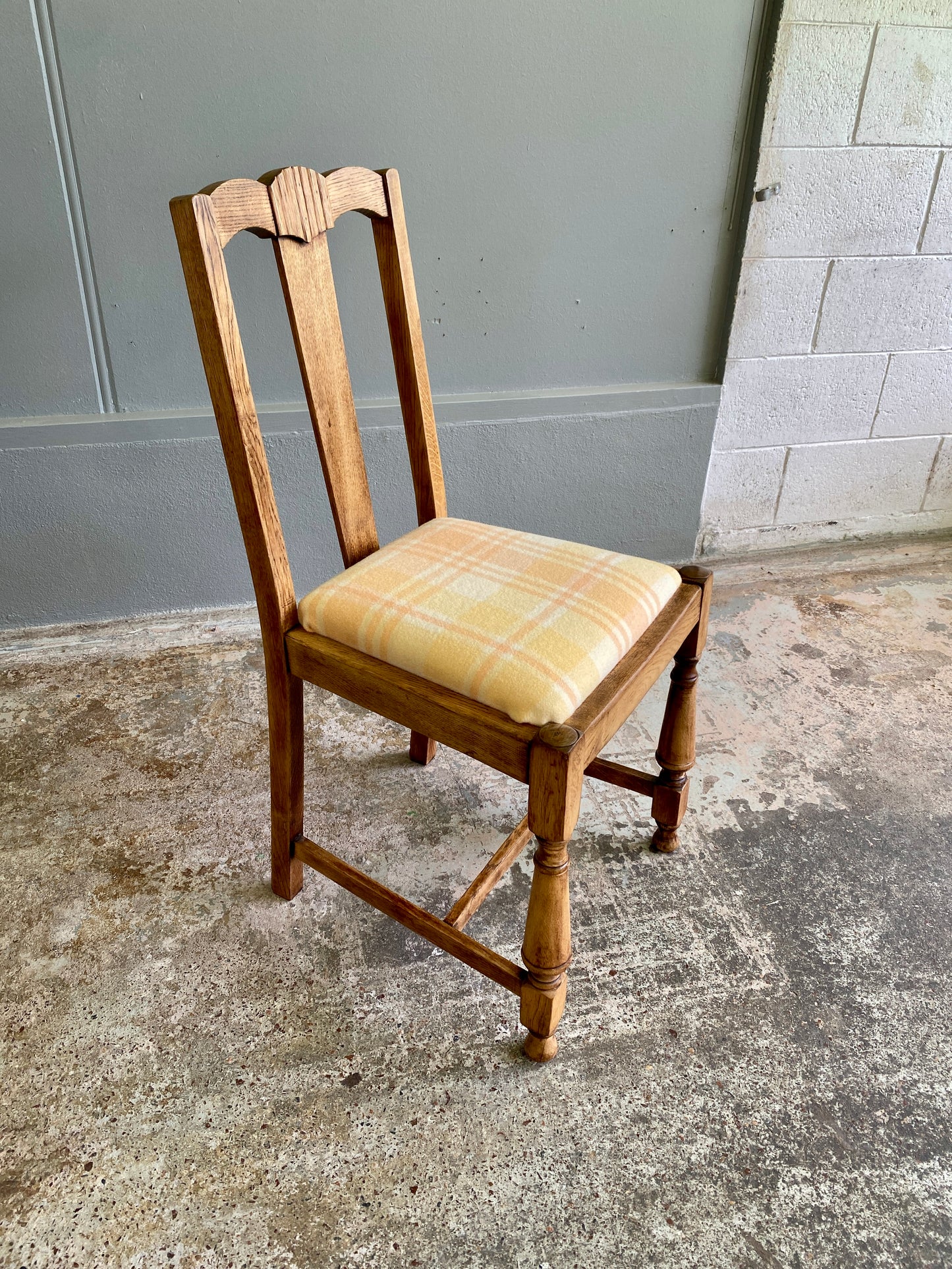Art Deco Oak Dining Chair w. Wool Plaid Fabric