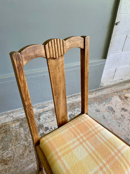 Art Deco Oak Dining Chair w. Wool Plaid Fabric