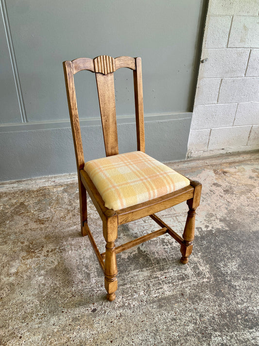 Art Deco Oak Dining Chair w. Wool Plaid Fabric