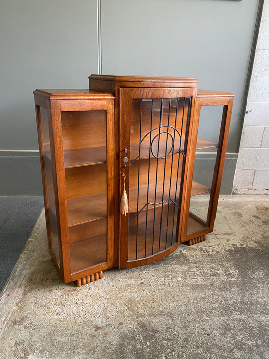 Art Deco Solid Oak Lead Light Cabinet