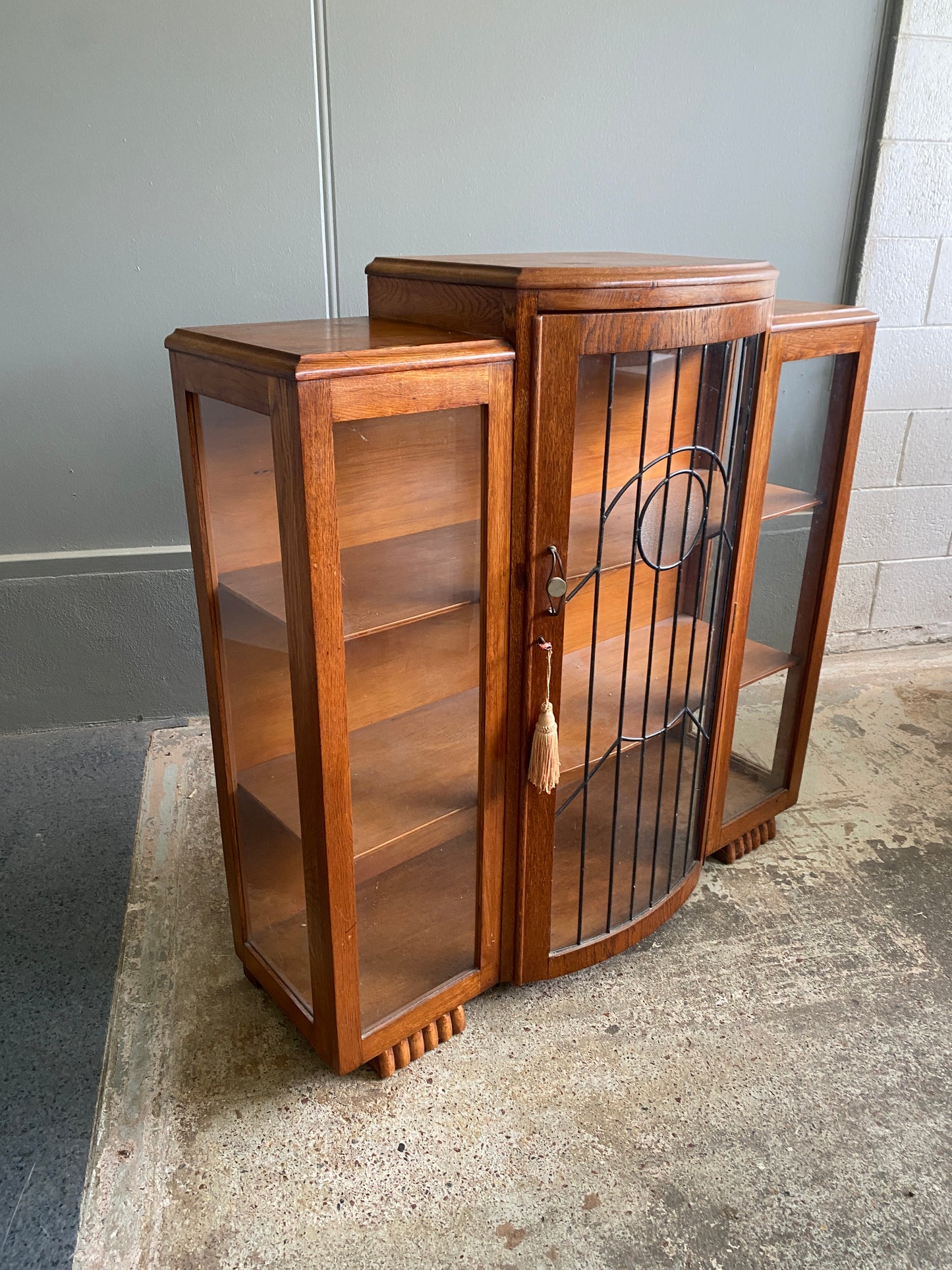 Art Deco Solid Oak Lead Light Cabinet