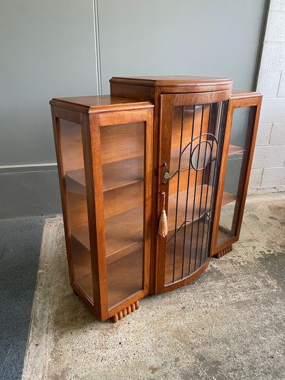 Art Deco Solid Oak Lead Light Cabinet