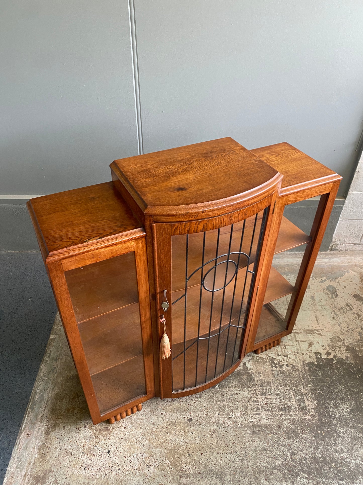 Art Deco Solid Oak Lead Light Cabinet