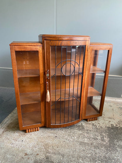 Art Deco Solid Oak Lead Light Cabinet