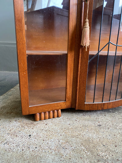 Art Deco Solid Oak Lead Light Cabinet