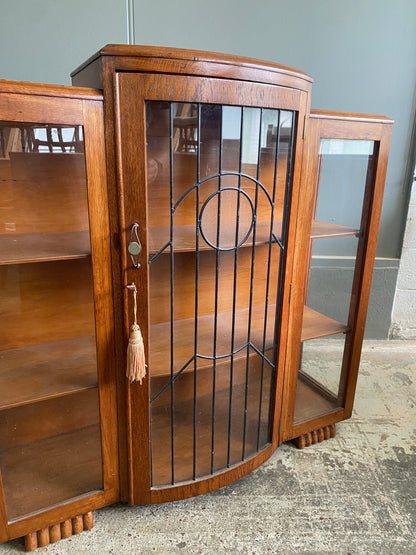 Art Deco Solid Oak Lead Light Cabinet