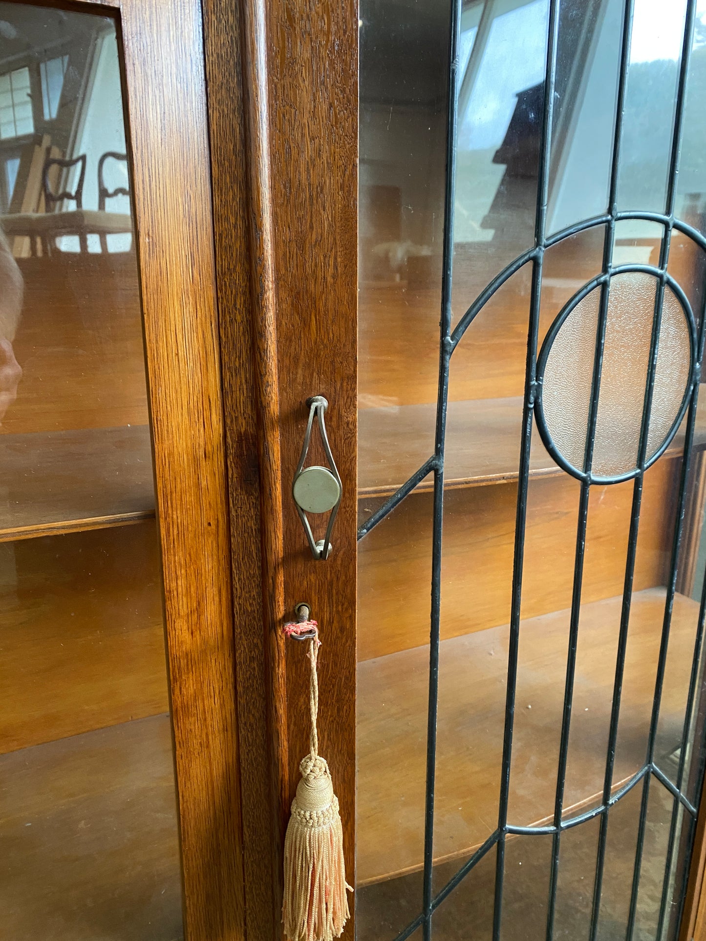 Art Deco Solid Oak Lead Light Cabinet