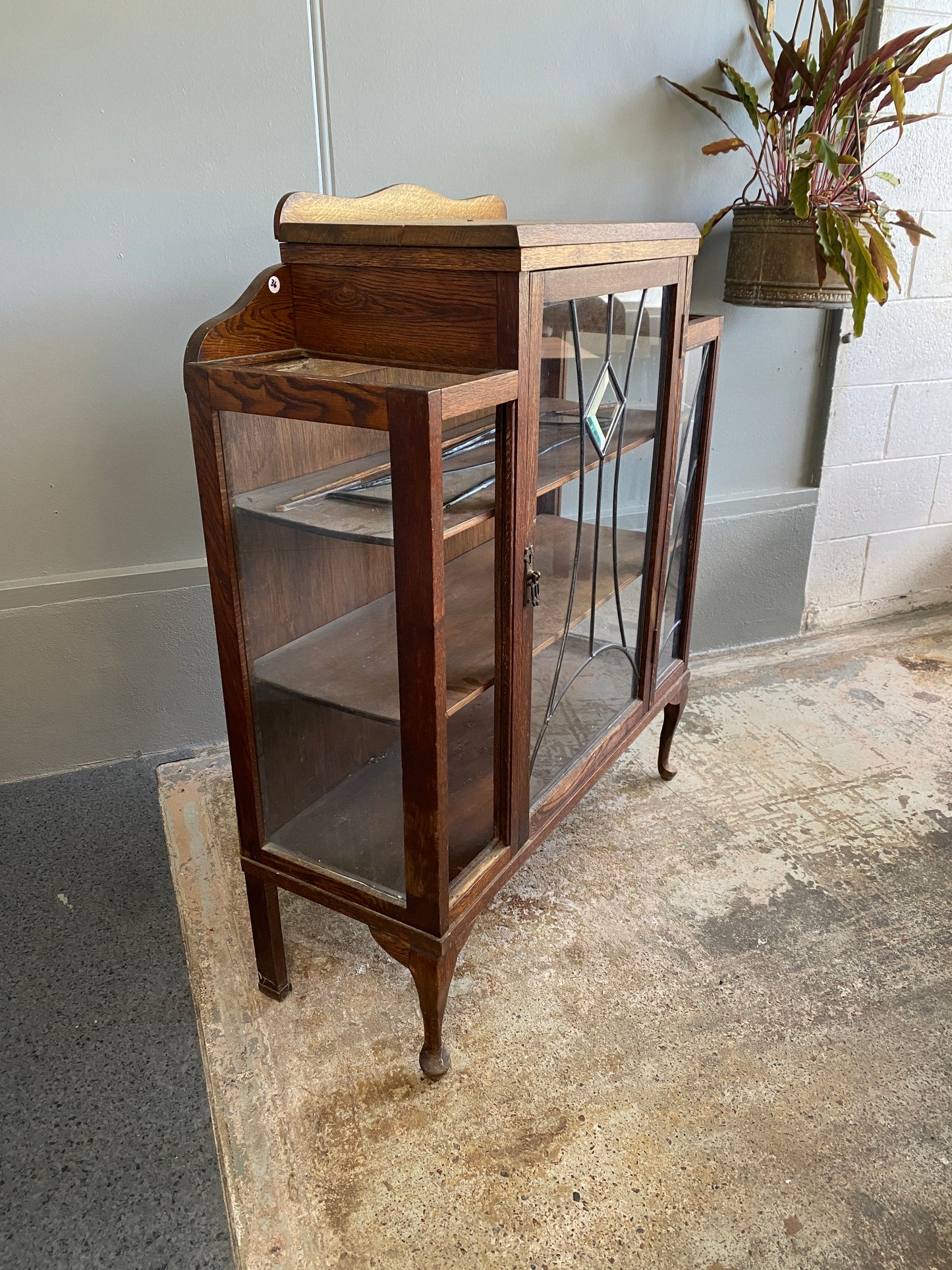 Art Deco Tiger Oak Lead Light Cabinet