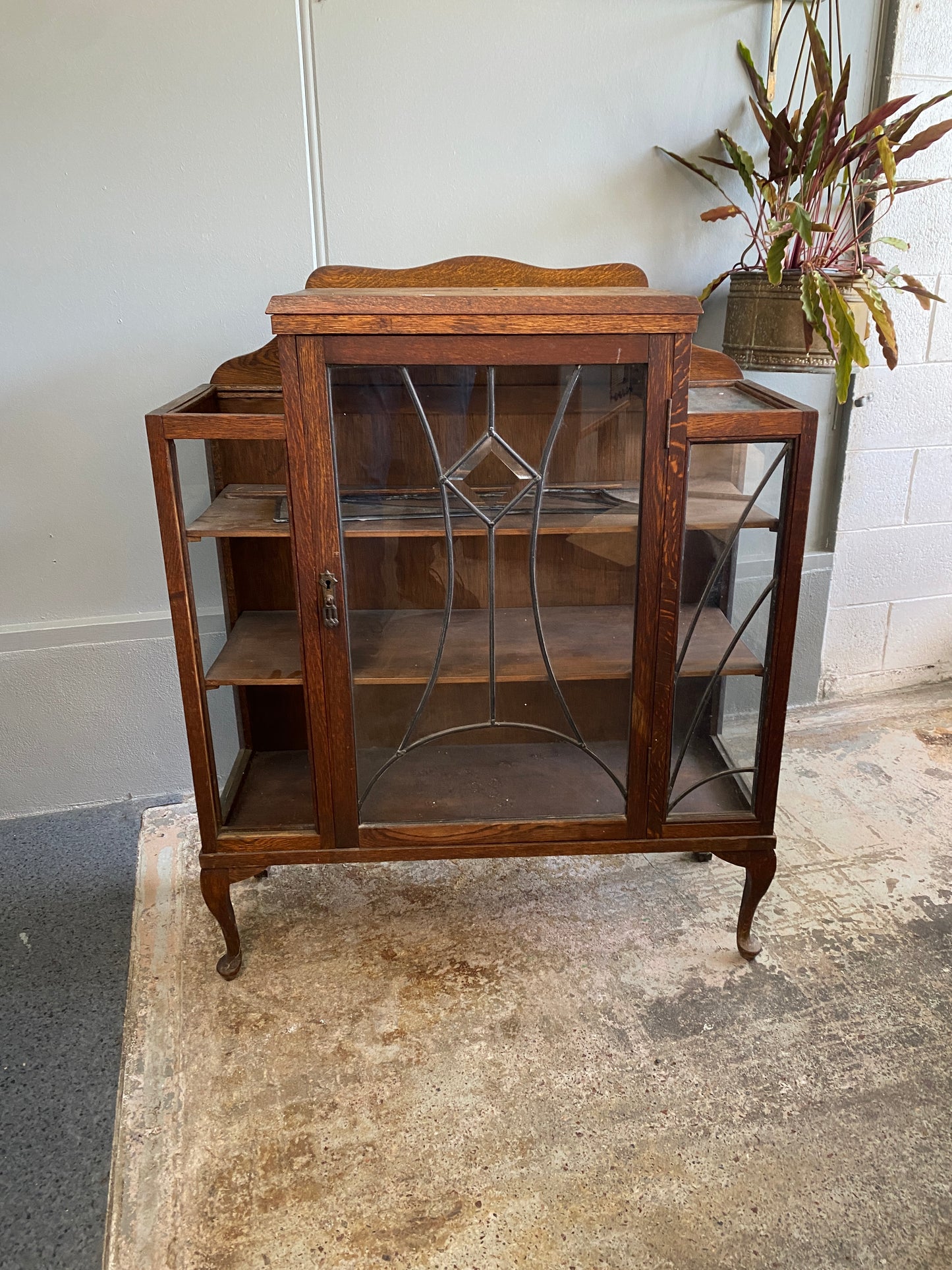 Art Deco Tiger Oak Lead Light Cabinet