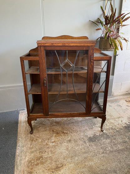 Art Deco Tiger Oak Lead Light Cabinet