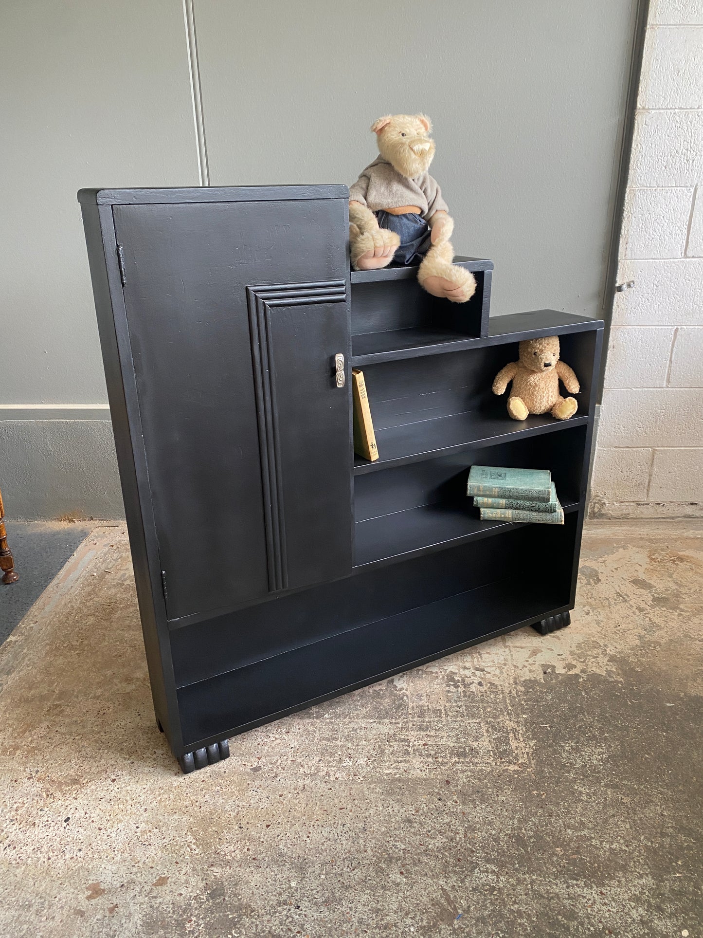 Art Deco Large Step Bookcase in Satin Black