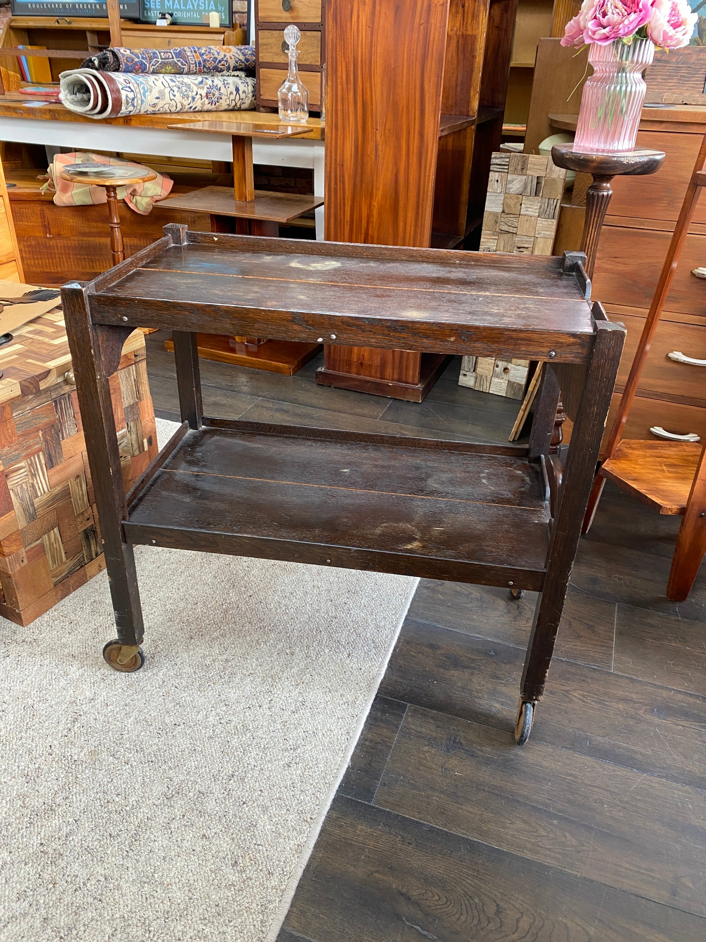 Arts & Crafts English Solid Oak Drinks Trolley