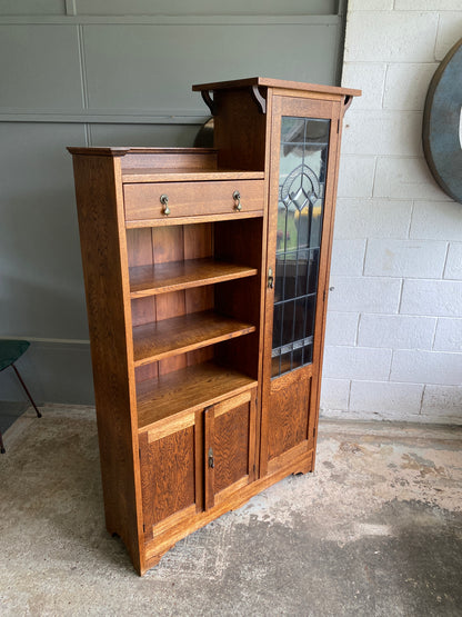 Arts & Crafts Oak Bookcase with Lead Light Display Case