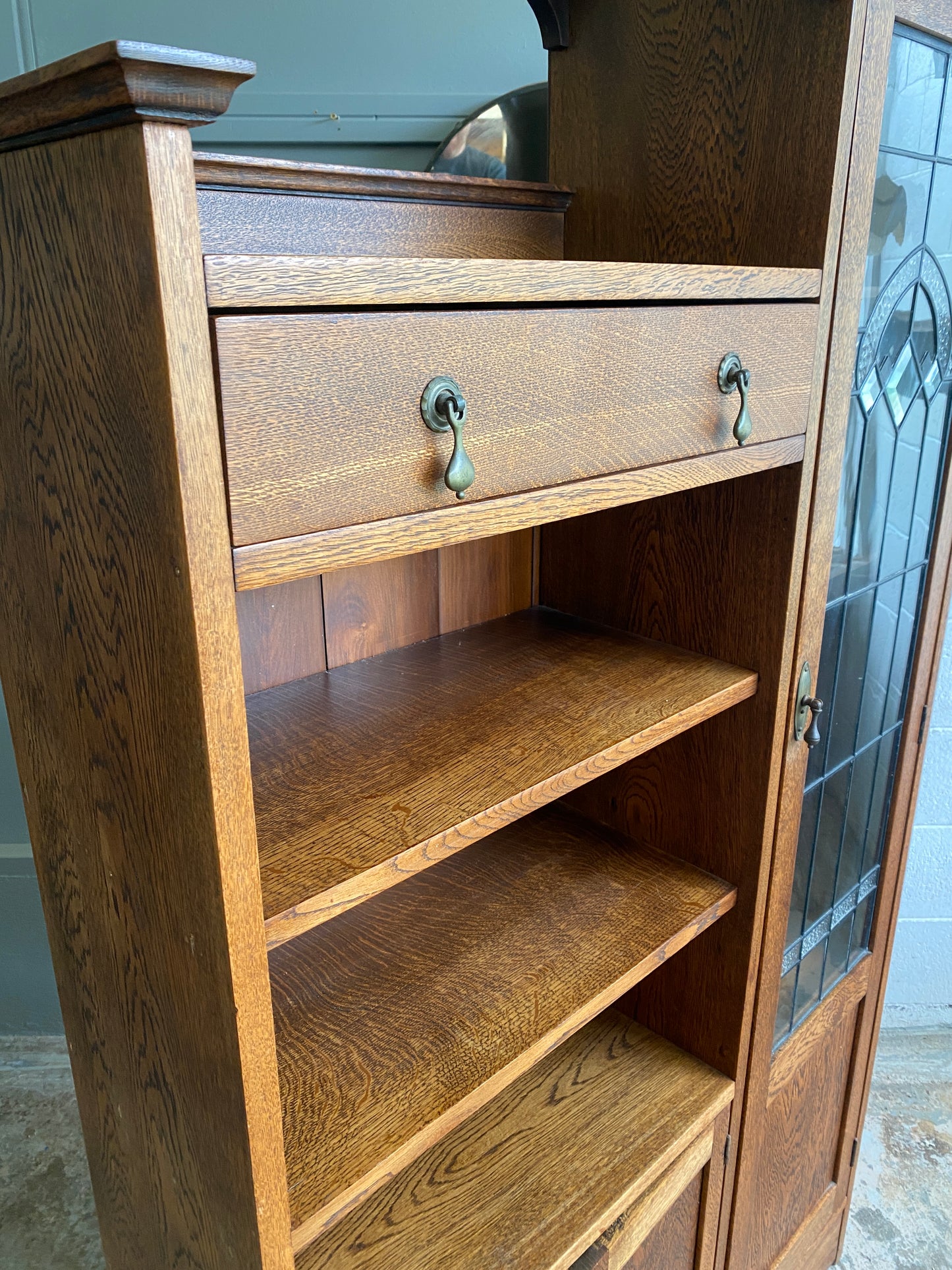 Arts & Crafts Oak Bookcase with Lead Light Display Case