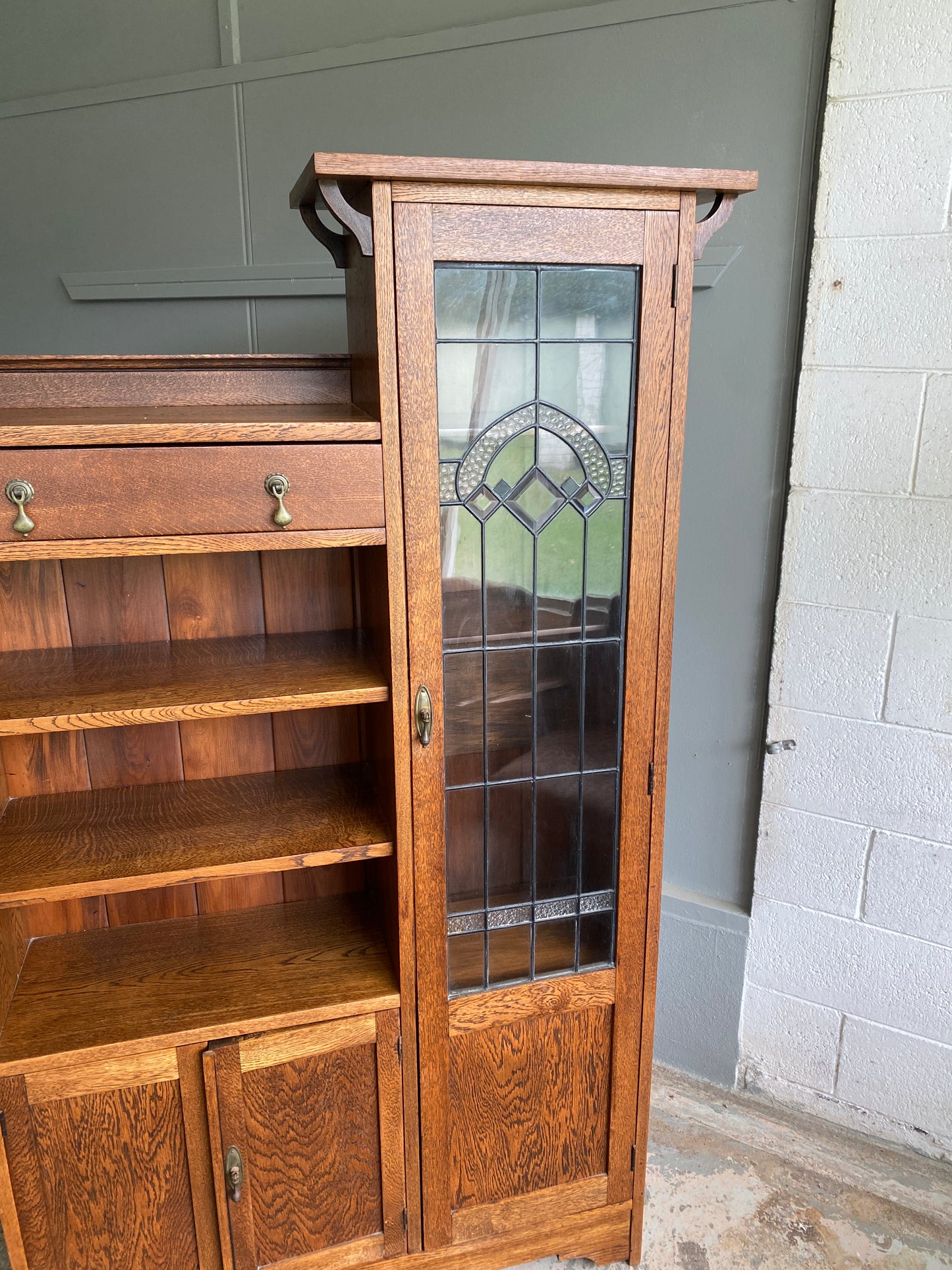 Arts & Crafts Oak Bookcase with Lead Light Display Case