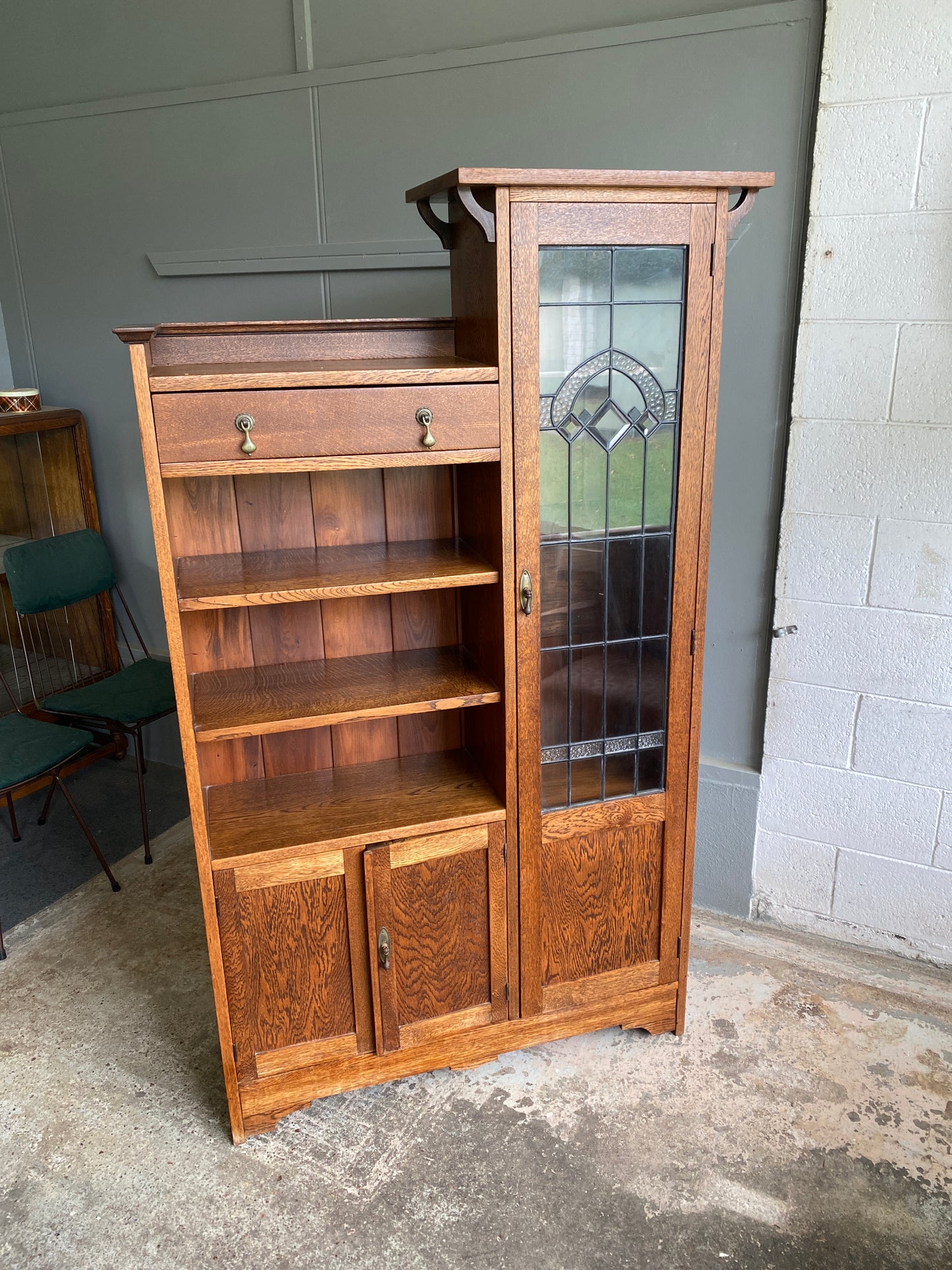 Arts & Crafts Oak Bookcase with Lead Light Display Case