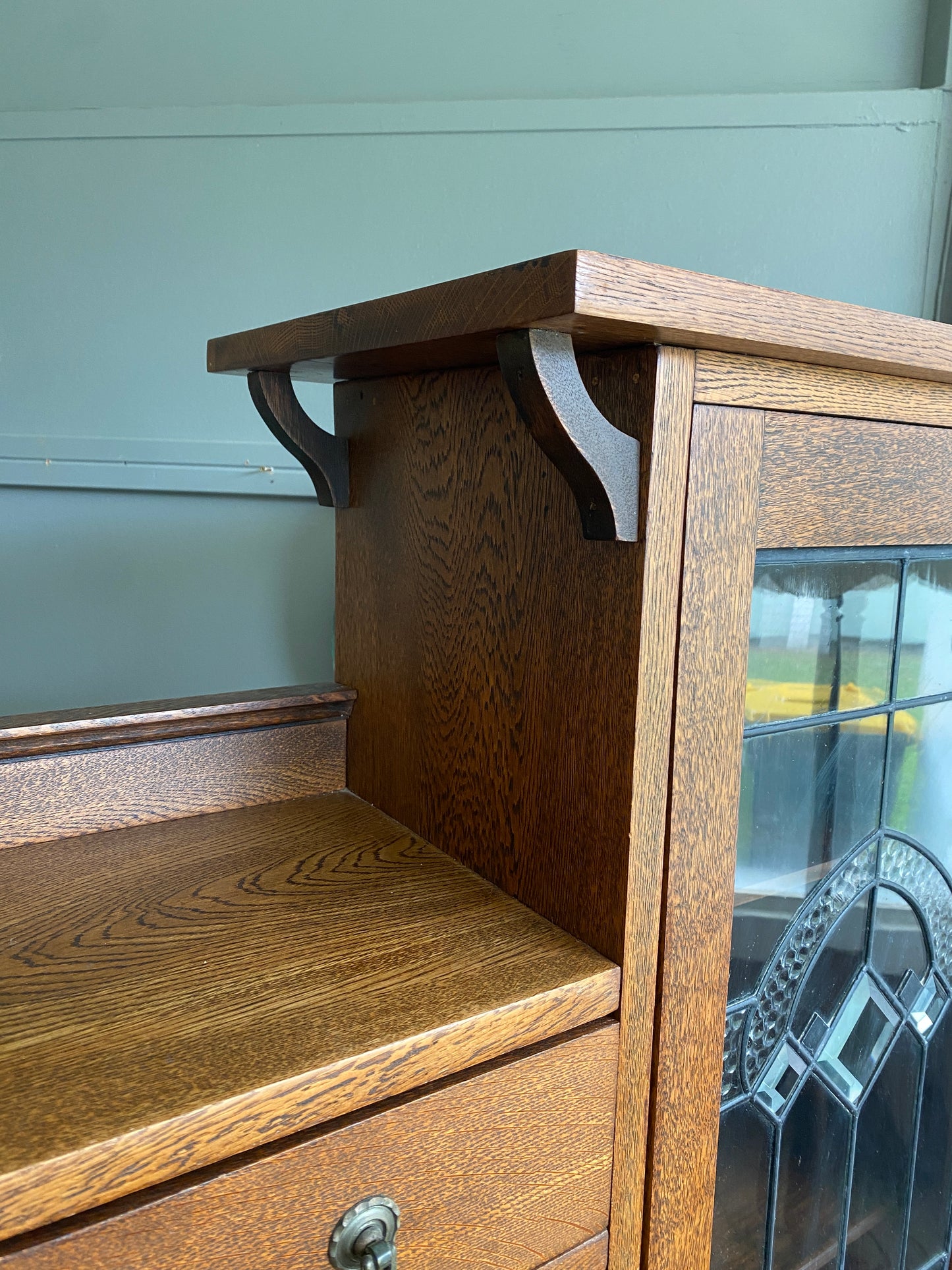 Arts & Crafts Oak Bookcase with Lead Light Display Case