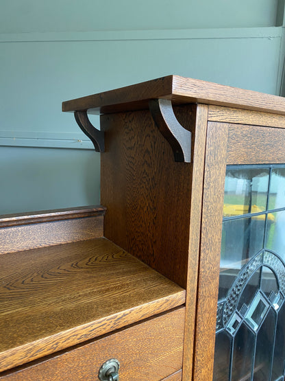 Arts & Crafts Oak Bookcase with Lead Light Display Case