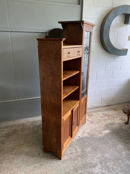 Arts & Crafts Oak Bookcase with Lead Light Display Case