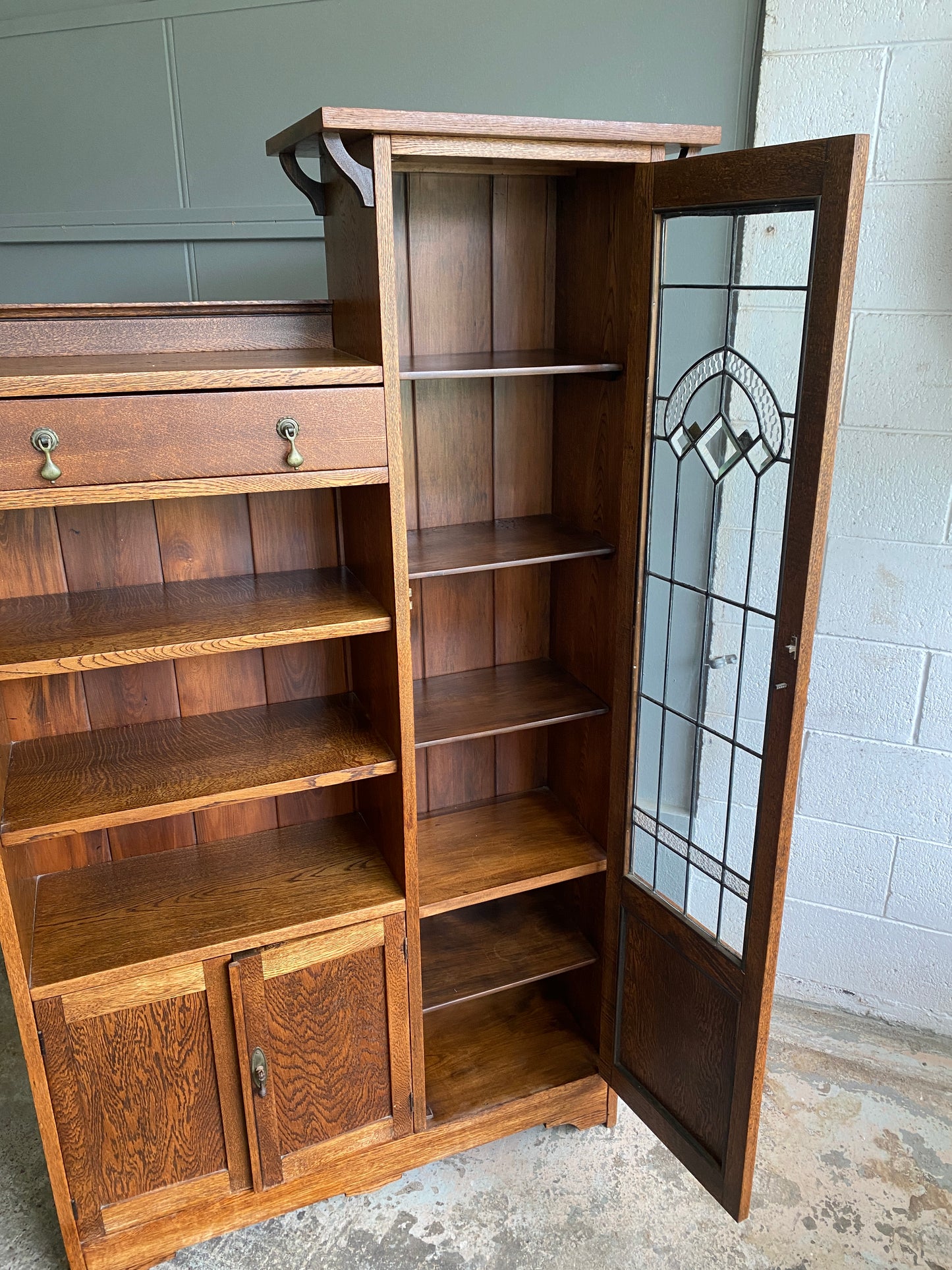 Arts & Crafts Oak Bookcase with Lead Light Display Case