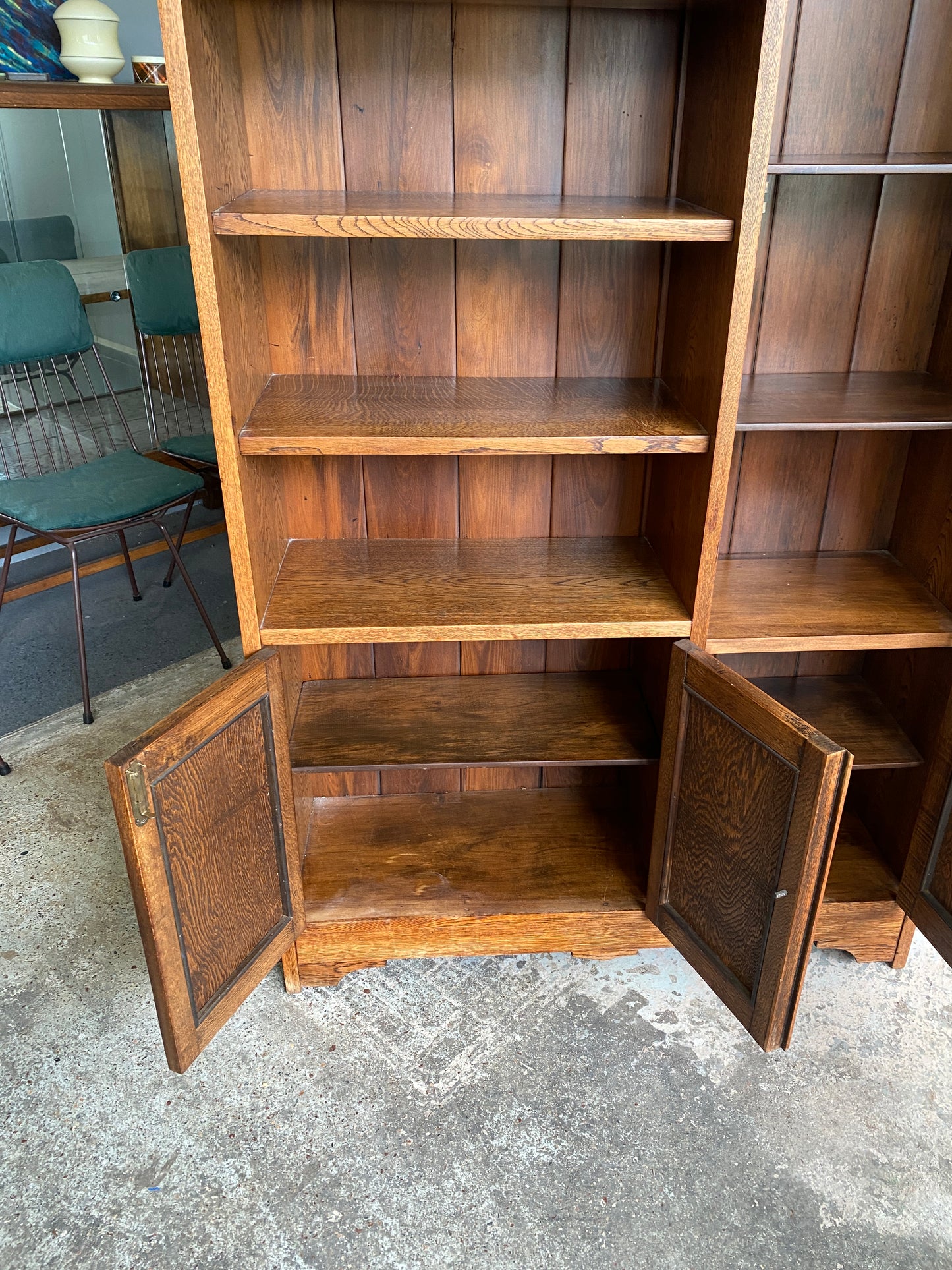 Arts & Crafts Oak Bookcase with Lead Light Display Case