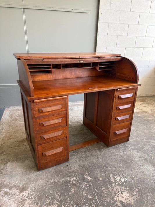 Early 1900s Solid Oak Twin Pedestal Roll-Top Desk