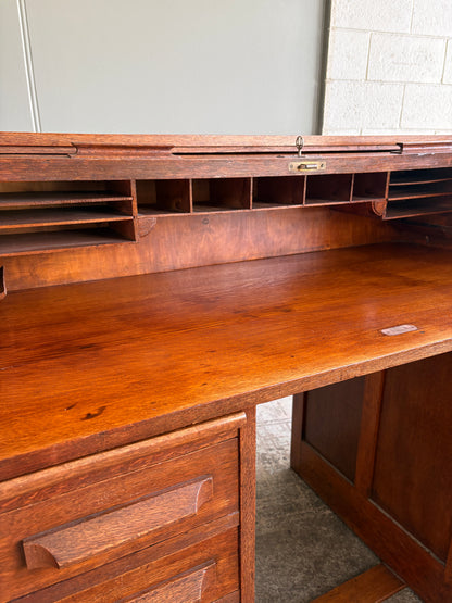 Early 1900s Solid Oak Twin Pedestal Roll-Top Desk