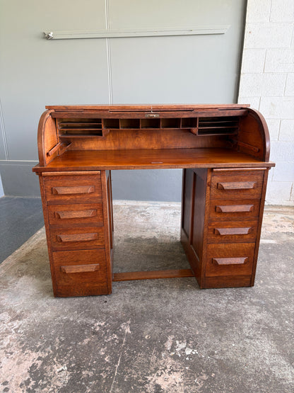 Early 1900s Solid Oak Twin Pedestal Roll-Top Desk