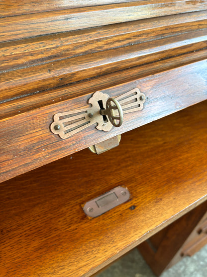 Early 1900s Solid Oak Twin Pedestal Roll-Top Desk