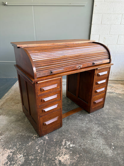 Early 1900s Solid Oak Twin Pedestal Roll-Top Desk